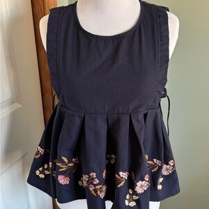 Navy Sleeveless Top with Floral Embroidery and Side Ties